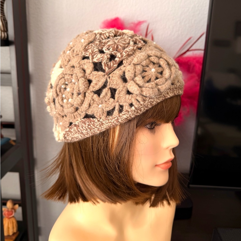 Elegant Beige Wool Crochet Beanie - Picture 2 of 11